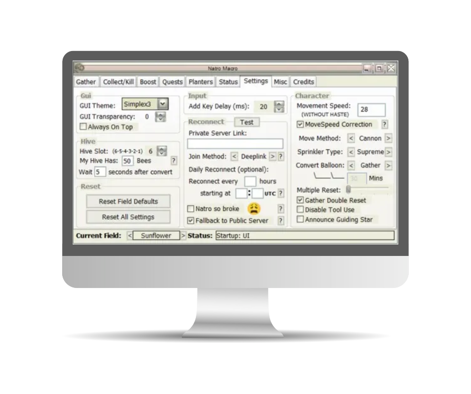 Natro Macro's settings page